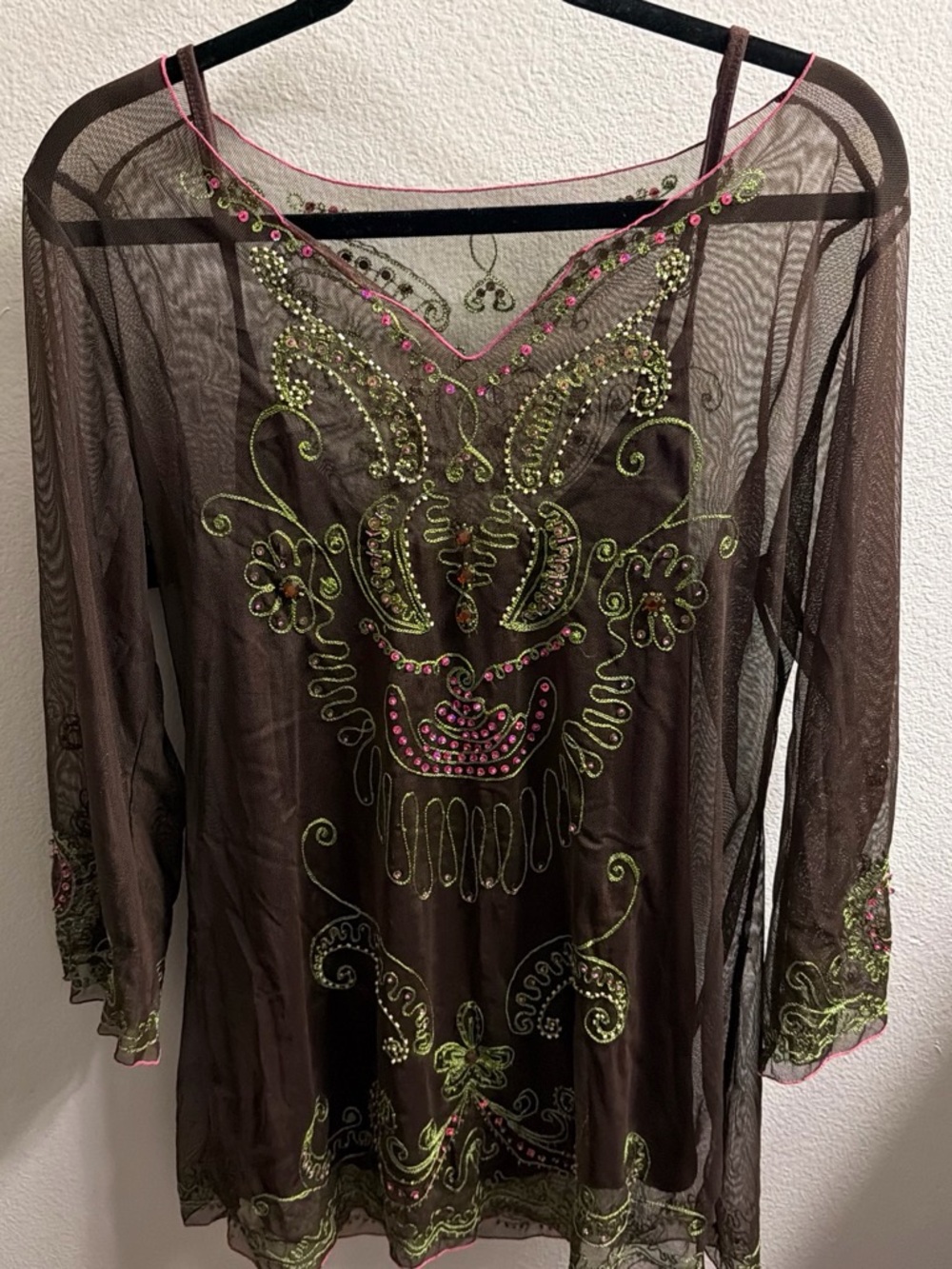 Brown Sheer Embroidered Women's Tunic with Pink & Green Accents